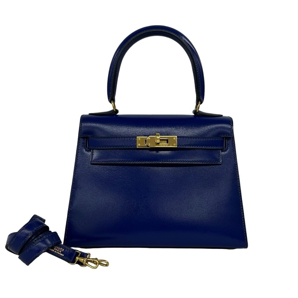 HERMES Vintage Mini Kelly 20 Box Calf 2-way Shoulder Bag/Handbag Blue 634-7